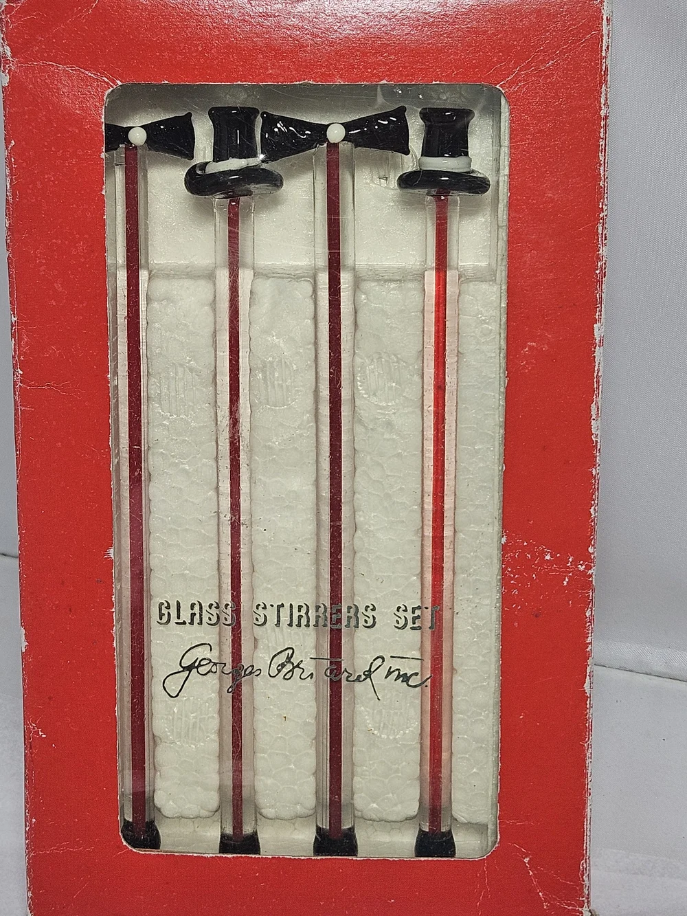 Vintage Georges Briard Glass Stirrer Swizzle Sticks In Box Top Hat Bow Tie